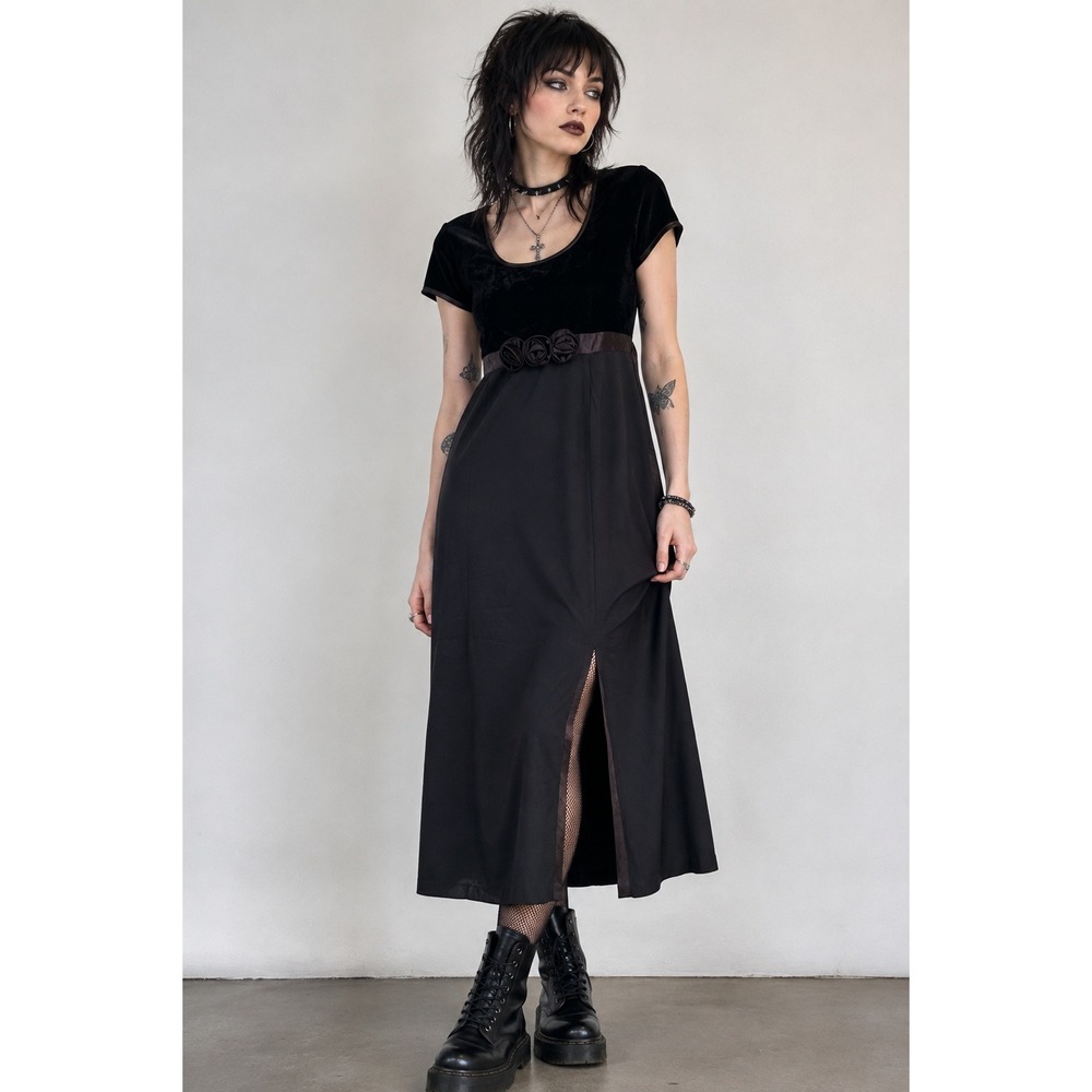 90s Goth Velvet Midi Dress Juniors 9 Dark Romantic Whimsigoth Black Party Dance